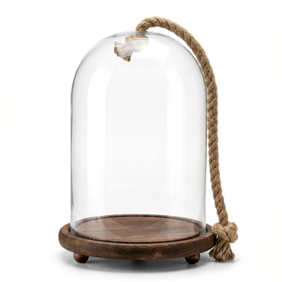 Glass Dome with Wood Base and Rope Handle